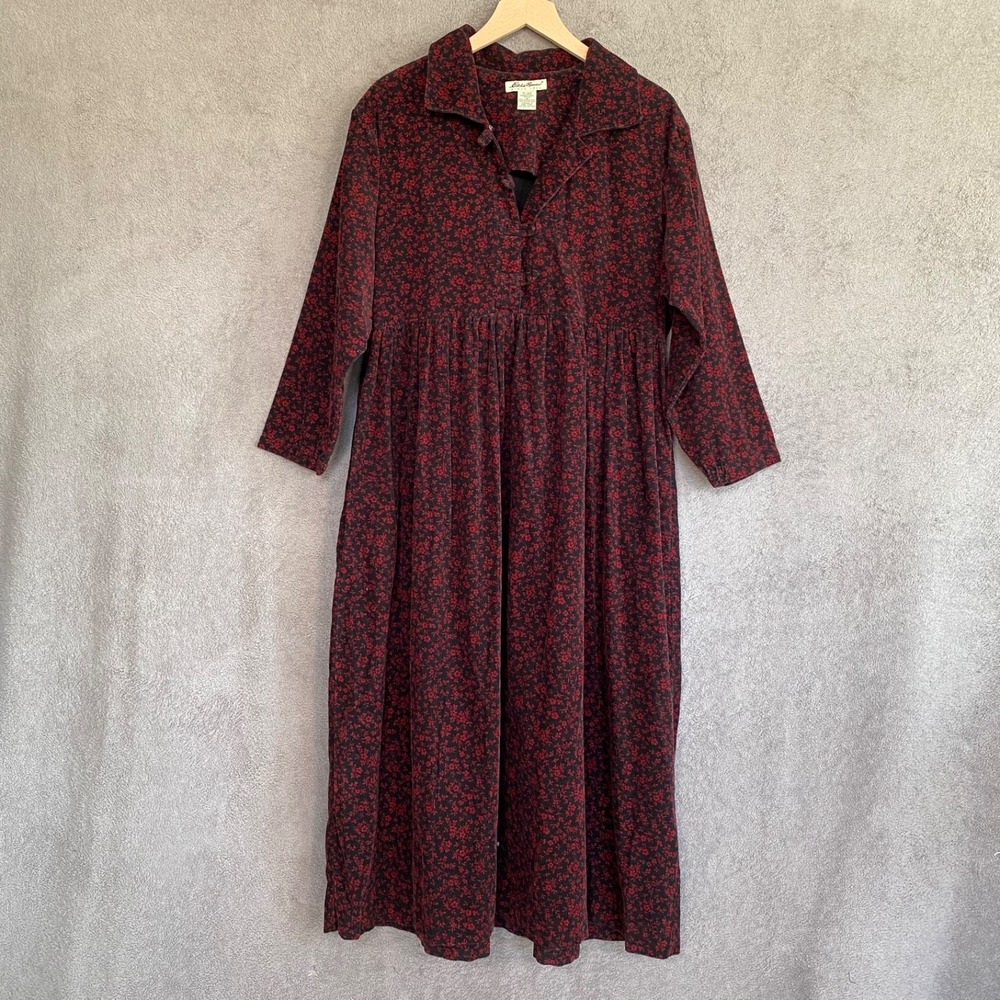 Vintage 90s Eddie Bauer Corduroy Maxi Dress 16P Red Floral Prairie Cottagecore